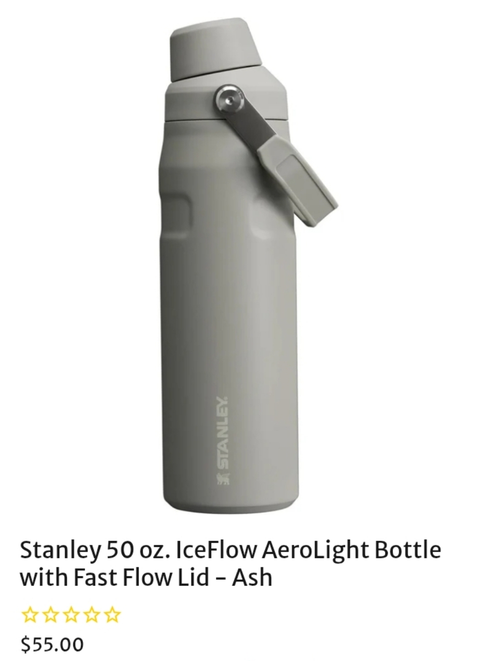NWT: STANLEY; ICEFLOW AEROLIGHT BOTTLE W/FAST FLOW LID, 50 oz, ASH GREY.